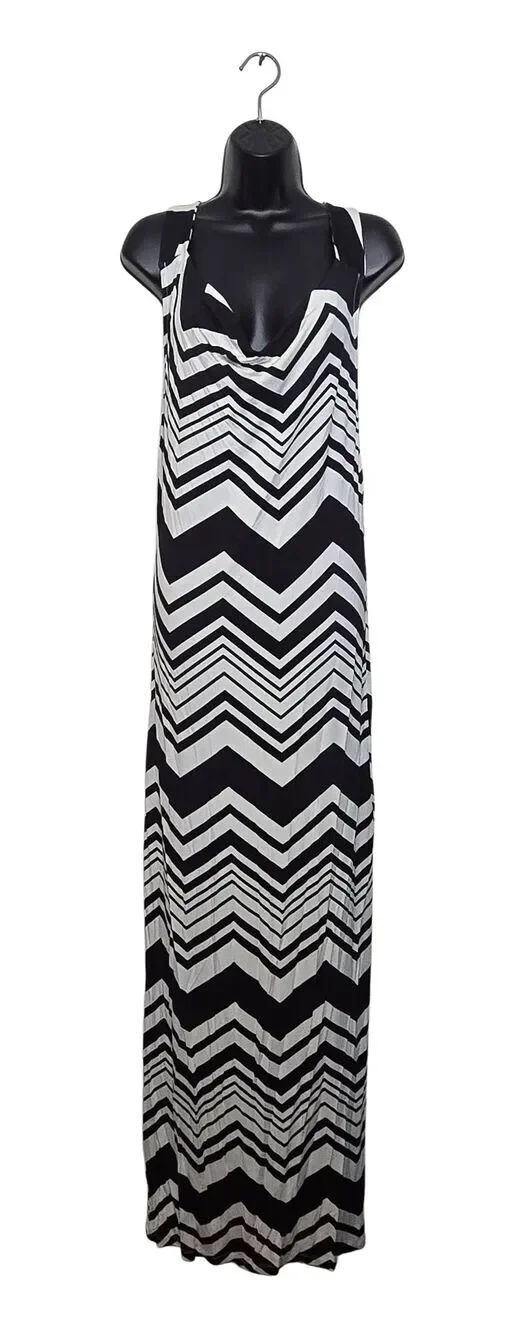 Something Navy Maxi Dress Size Small Low Black Drape Neck Striped Chevron